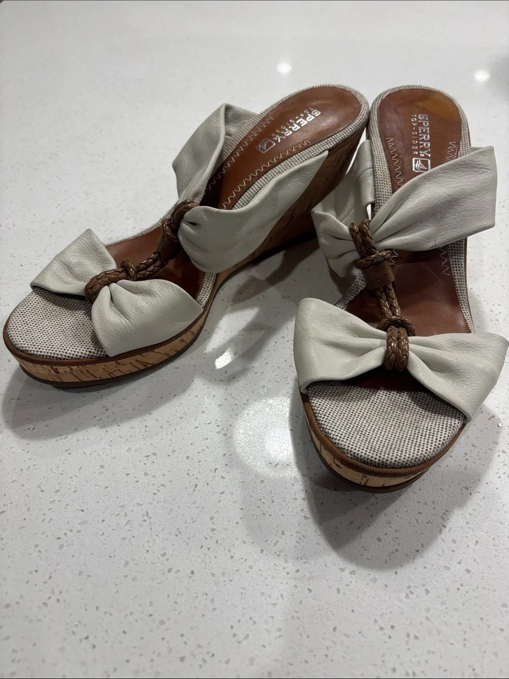 Sperry Cream Braided Bow Cork Wedge Sandals Size 8